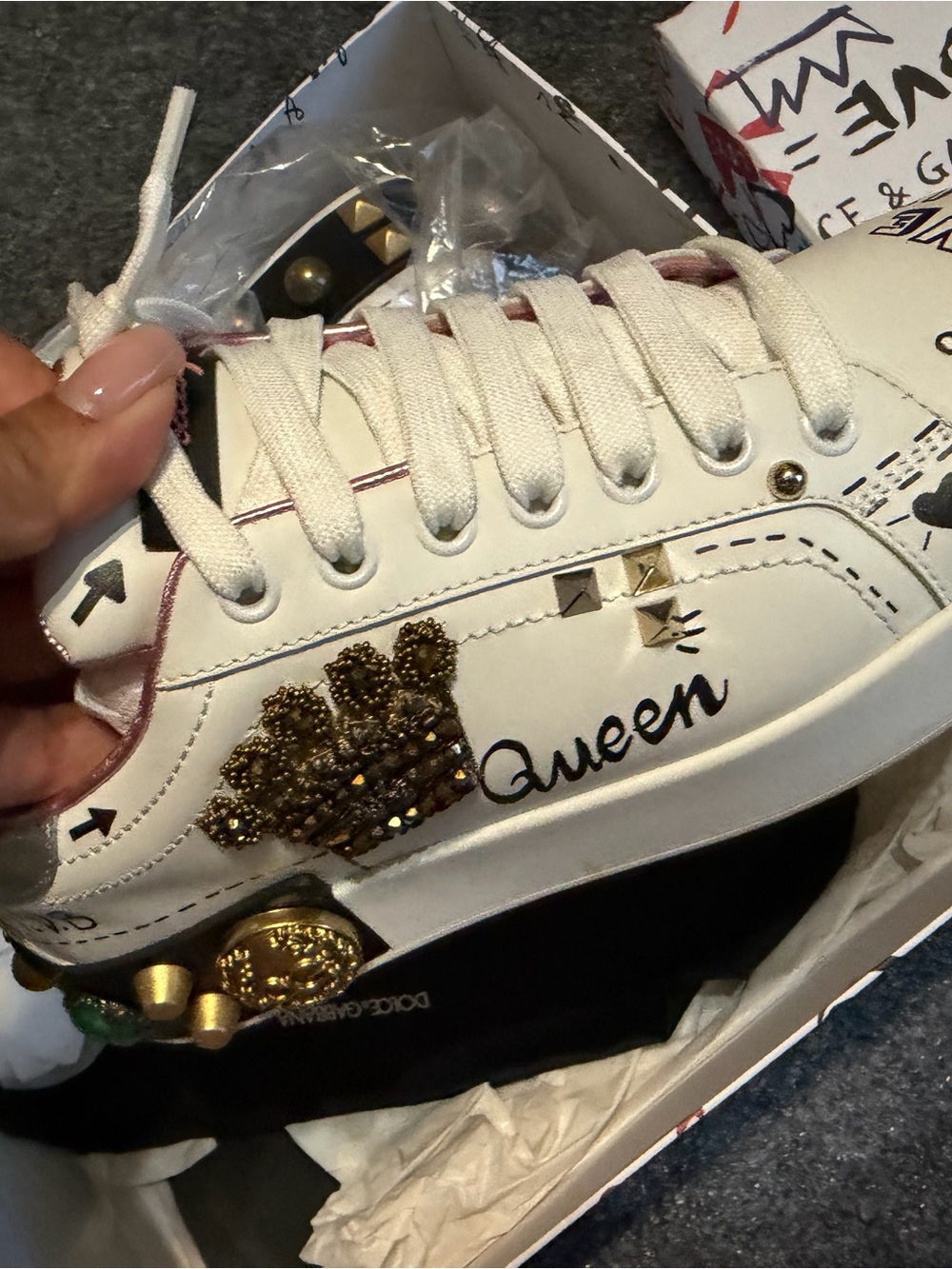 Dolce and Gabbana  White 'Queen' Embellished Women's Sneaker
